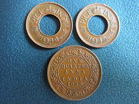 British India 3 Coins-Hole Coin & Quarter Anna 1936,1944 and 45