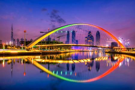 Dubai Emirates UAE Tolerance Bridge bridge Evening Skyscrapers