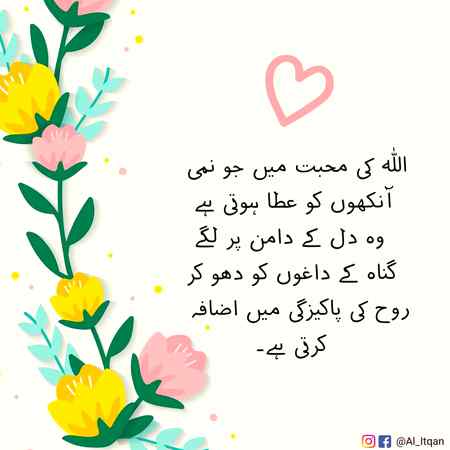 الله کی محبت میں جو نمی آنکھوں کو عطا ہوتی ہے وہ دل کے دامن پر لگے گناہ کے داغوں کو دھو کر روح کی پاکیزگی میں اضافہ کرتی ہے۔