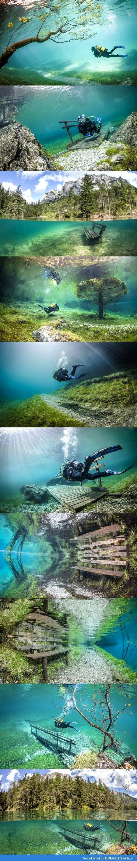 Green lake is located in Tragoss Austria. In spring snow melts n raises the lake level about 10m. This phenomenon,which lasts only a few weeks,covers the hiking trails,meadows,trees and everything in between.