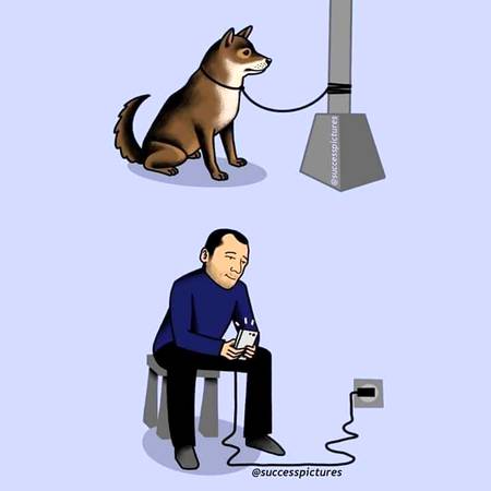 For my own opinion...it means that a guy using phone is same as a dog that has been prison in the same place like as the guy using cellphone, that cannot move focusing on his phone all day, laziness means for me