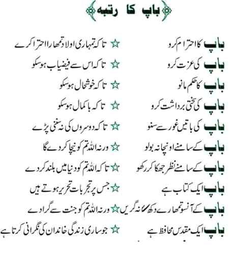 باپ کی عزت کرو جو زندگی بھر تیرے لیے خوار ہوا اسے بڑھاپے میں لاچار نہ چھوڑنا کیا پتا اللہ تجھے تنہا چھوڑ دے ۔باپ کی خدمت کرو آخر جنگ کا دروزہ ہے وہ۔