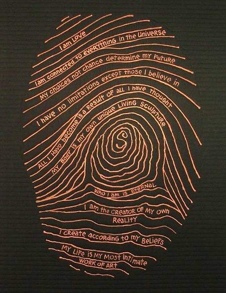 Words about identity are written in the fingerprint.
