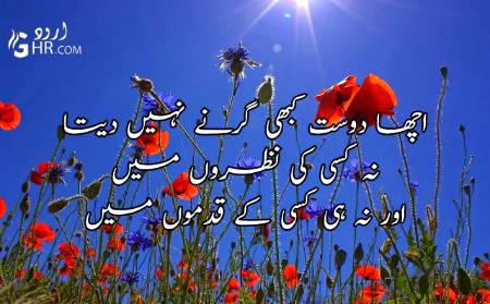 اچھا دوست کبھی گرنے نہیں دیتا
نہ کسی کی نظروں میں
اور نہ ہی کسی کے قدموں میں