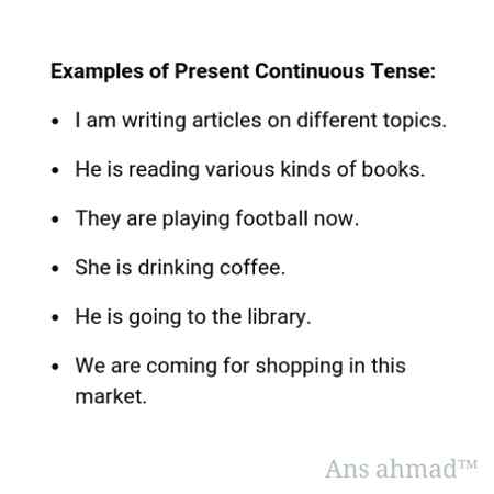 Yaha pr examples hain present continuous ki , agr negative krna ho to " not " lgaye has/have k bd and agr Interrogative bnana ho to is/am/are ko shuru ma ley aye