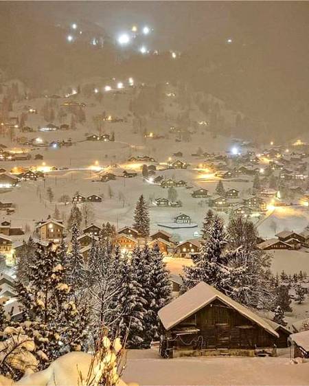 Magical snowy night in switzerland
