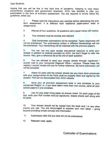 Detail about assignments and exams of Autumn semester 2019 are Available on AIOU website "www.aiou.edu"