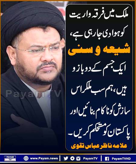 ملک میں فرقہ واریت
کو ہوا دی جارہی ہے،
شیعہ و سنی
ایک جسم کے دوبازو
ہیں،ہم سب ملکر اس
سازش کو ناکام بنائیں اور
پاکستان کو مستحکم کریں۔
علامہ سید ناظر عباس تقوی