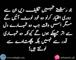 جو رشتے تمہیں تکلیف دیں ان سے دوری اختیار کرلو وہ خود لوٹ آئیں گے مگر اس وقت جب وہ تمہارے دل
سے اتر چکے ہوں گے کیونکہ وہ تمہاری قدر سے نہیں بلکہ پچھتاوے سے لوٹتے ہیں