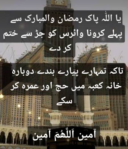 اے اللہ 
ہم سب پر آنے والے رمضان 
کی رحمتیں برساآمین
بہت سے مجبور بے بس خاندان گھروں میں بھوکے بے یارو مددگار بیٹھے ہیں ان پر اپنی مدد ورحمت کے دروازے کھول دے 
اس قابل کرہم اپنے بہن بھائیوں کی بنا 
تفریق مدد کرسکے
جو صرف تیرے  محتاج ہیں انہیں کسی کا 
محتاج نہ کر 
آمین