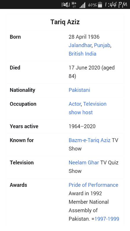 Tariq Aziz passed away today such a great person