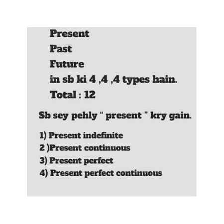 3no tenses ki 4,4 types hain , aj hum discuss kry gain Present ko , present hamara 4 Din ma ho jaye ga , ap Questions b kia kry