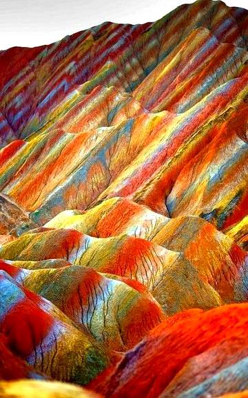 View of colourful rock formations at the Zhangye Danxia Landform Geological Park in Gansu , China