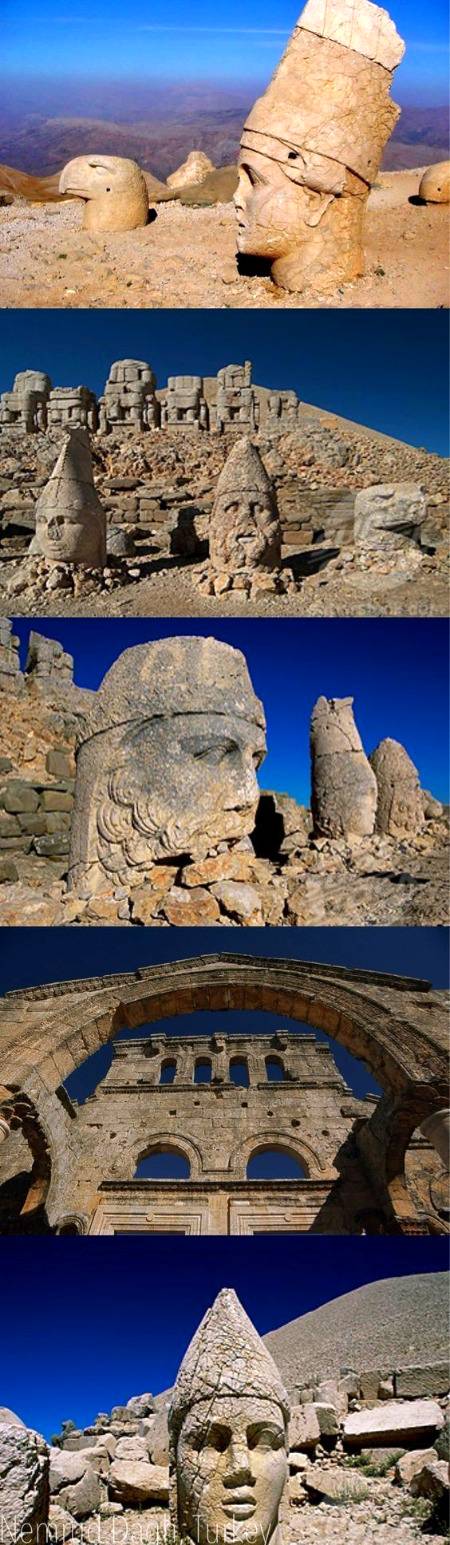 Nemrut Turkey___is a 2,134m high mountain in southeastern Turkey notable for the summit where a number of large statues are erected around what is assumed to be a royal tomb from the 1st century BC.