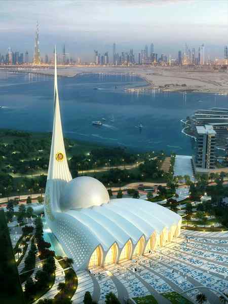 Dubai lconic Mosque "Dubai pearl" design was basically inspired from the pearl and shell which was the main source of life in the old age of Dubai.The eight gates were inspired from the belief that there are 8 gates to the heaven in islam as well as 8 angles which are holding the throne💕💕