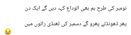 نومبر کی طرح ہم بھی الوداع کہہ دیں گے ایک دن
پھر ڈھونڈتے پھرو گے دسمبر کی ٹھنڈی راتوں میں
😢