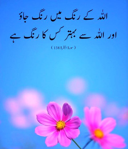 *صِبۡغَۃَ اللّٰہِ ۚ وَ مَنۡ اَحۡسَنُ مِنَ اللّٰہِ صِبۡغَۃً ۫ وَّ نَحۡنُ لَہٗ عٰبِدُوۡنَ •*  

 _اللـــــہ کا رنگ اختیار کرو اور اللـــــہ تعالیٰ سے اچھا رنگ کس کا ہوگا  ہم تو اسی کی عبادت کرتے ہیں ۔_


*قُلۡ اَتُحَآجُّوۡنَنَا فِی اللّٰہِ وَ ہُوَ رَبُّنَا وَ رَبُّکُمۡ ۚ وَ لَنَاۤ اَعۡمَالُنَا وَ لَکُمۡ اَعۡمَالُکُمۡ ۚ وَ نَحۡنُ لَہٗ مُخۡلِصُوۡنَ •*

_آپ کہہ دیجئے کیا تم ہم سے اللـــــہ کے بارے میں جھگڑتے ہو جو ہمارا اور تمہارا رب ہے، ہمارے لئے ہمارے عمل ہیں اور تمہارے لئے تمہارے اعمال، ہم تو اسی کے لئے مخلص ہیــں۔