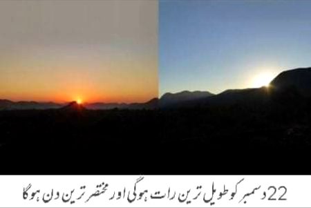 آج کی رات پورے سال کی طویل ترین جبکہ کل 22 دسمبر کا دن چھوٹا ترین ہوگا، فلکیاتی اداروں کے مطابق آج رات کا دورانیہ 13 گھنٹے 59 منٹ اور کل کے دن کا دورانیہ 10 گھنٹے ایک منٹ ہوگا۔