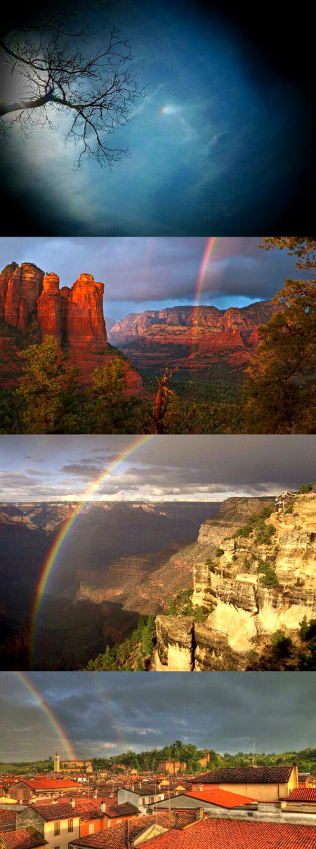 Rainbow over red rock desert