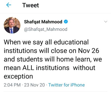 ملک بھر کے تعلیمی ادارے 26 نومبر سے 10 جنوری تک بند رہینگے۔
گھروں میں ماتم
سکولوں میں جشن