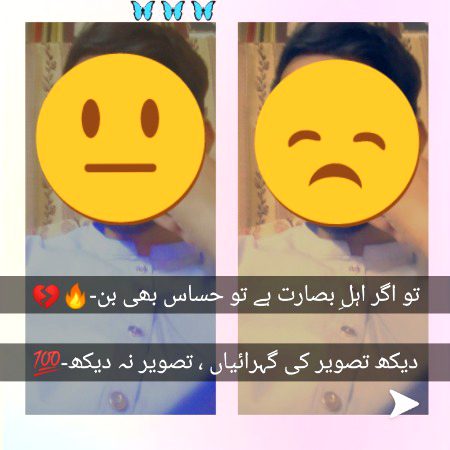 *تو اگر اہلِ بصارت ہے تو حساس بھی بن-*

*دیکھ تصویر کی گہرائیاں ، تصویر نہ دیکھ-*