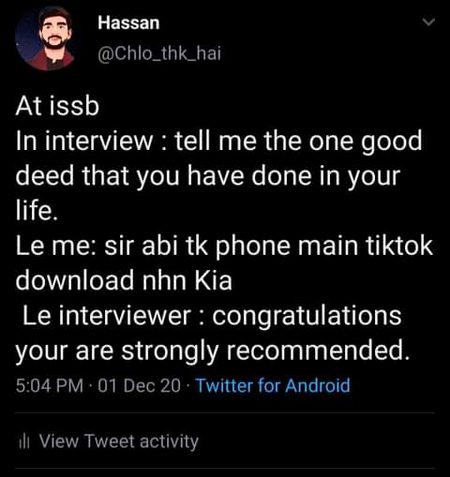 OOps laughed..kia bt hai agar interviewer social media Darams main.interested hue tu paka recommend krdenge laughed again ..